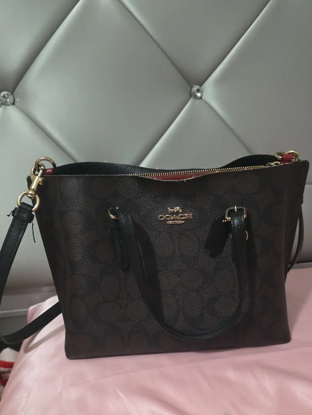 Coach Brown Signature Canvas Shoulder Tote with Gold Hardware